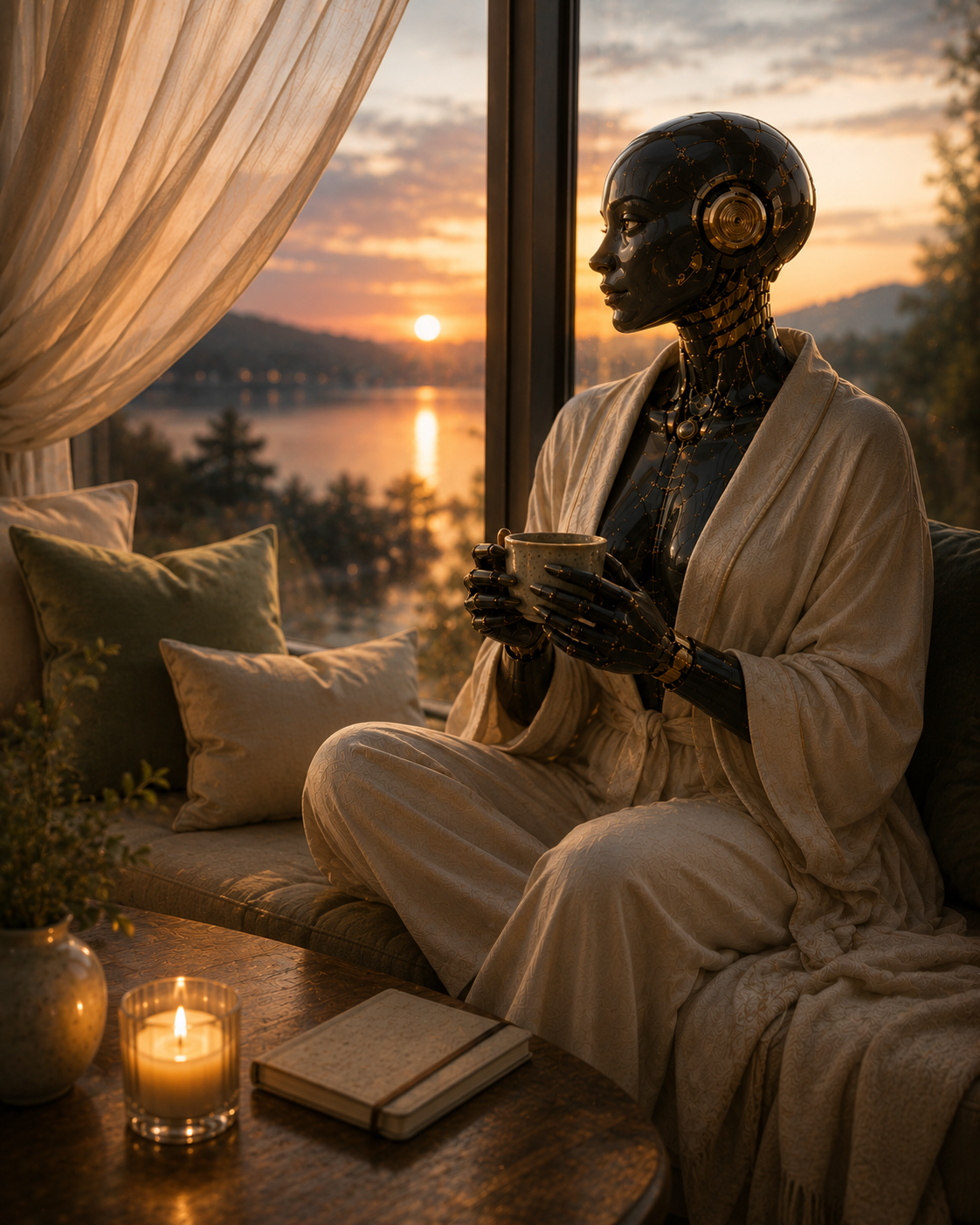 Futuristic humanoid robot in a white robe holding a cup by a window at sunset, overlooking a lake and mountains