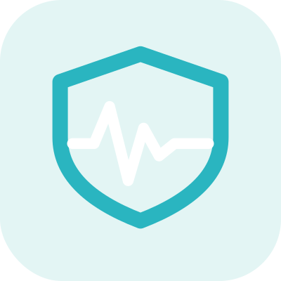 A healthcare shield icon with a heartbeat line inside.