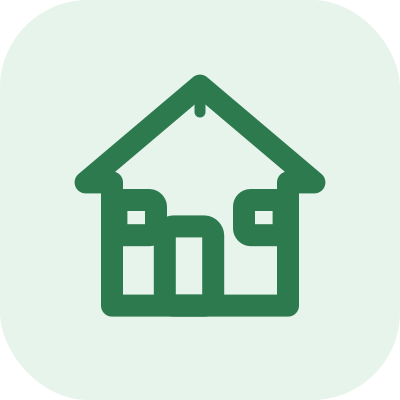Green house icon with a pitched roof and a door in the center.