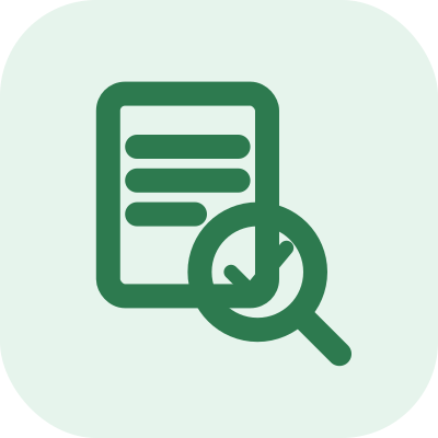 Icon of a document with lines of text and a magnifying glass with a checkmark.