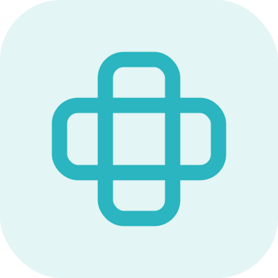 Medical cross symbol with a loop design in teal color on a light background.