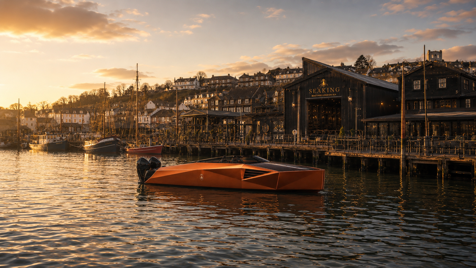A yacht with a modern, angular design floating on a calm harbor at sunset, with boats docked along a pier, and a hillside town with houses in the background.