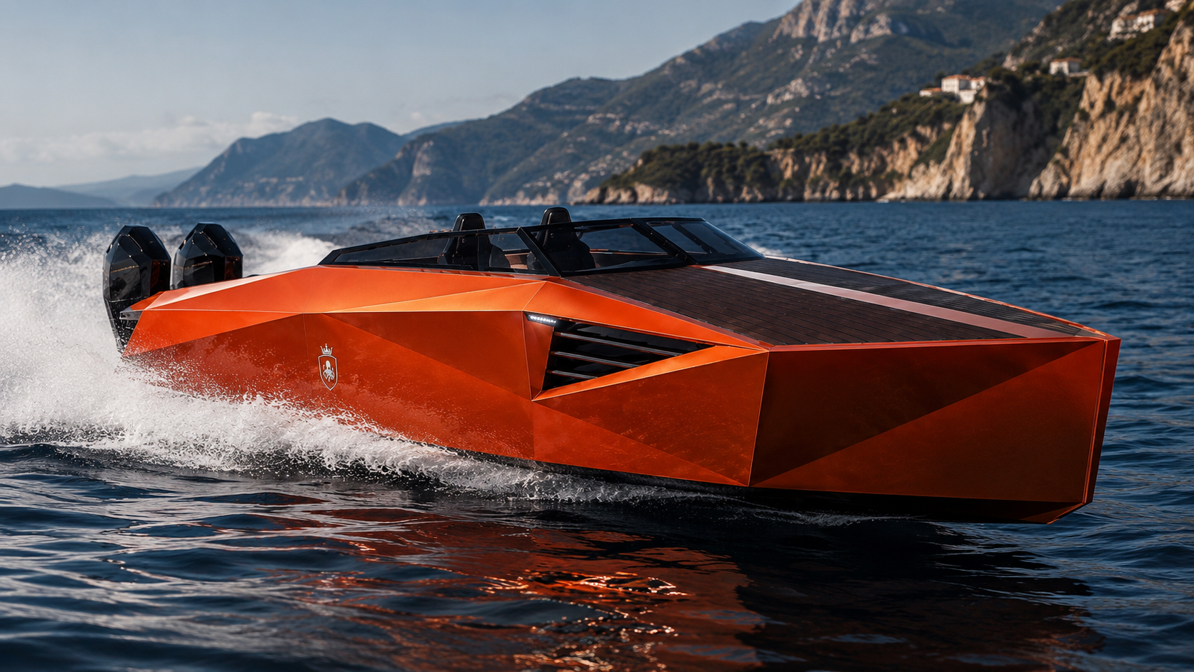 A futuristic orange speedboat racing on the water with mountains and coastline in the background.