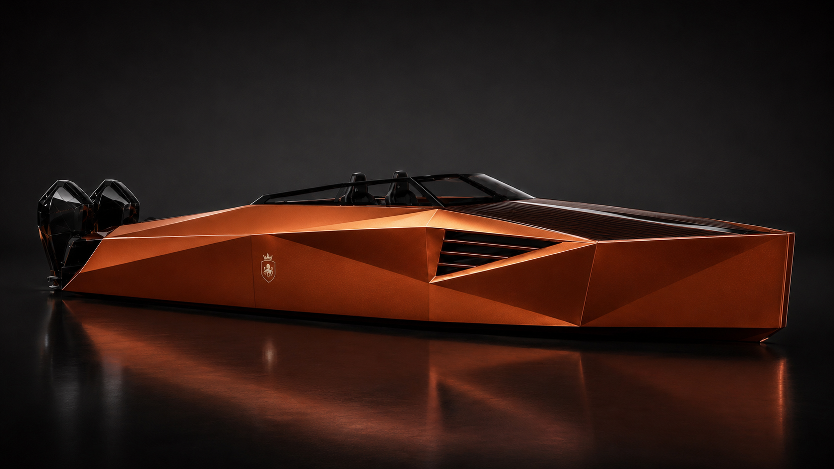 A futuristic, low-poly, metallic orange luxury car with a sleek design, black vents on the side, and twin black exhausts, set against a dark background.