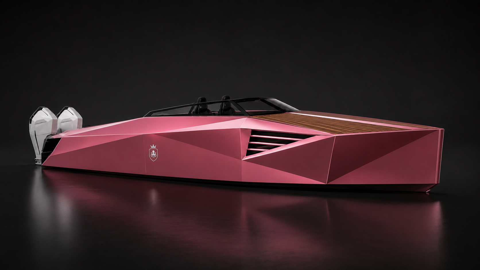 A sleek, futuristic, pink yacht with geometric design and wooden deck, set against a dark background.