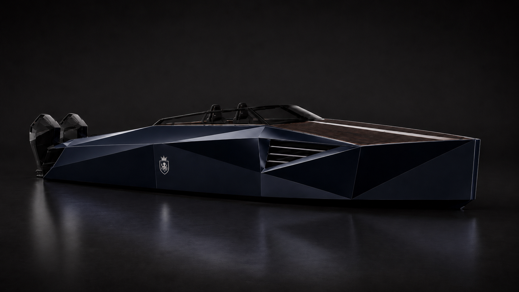 A futuristic, angular luxury boat with dark blue panels and a wooden deck, set against a black background.
