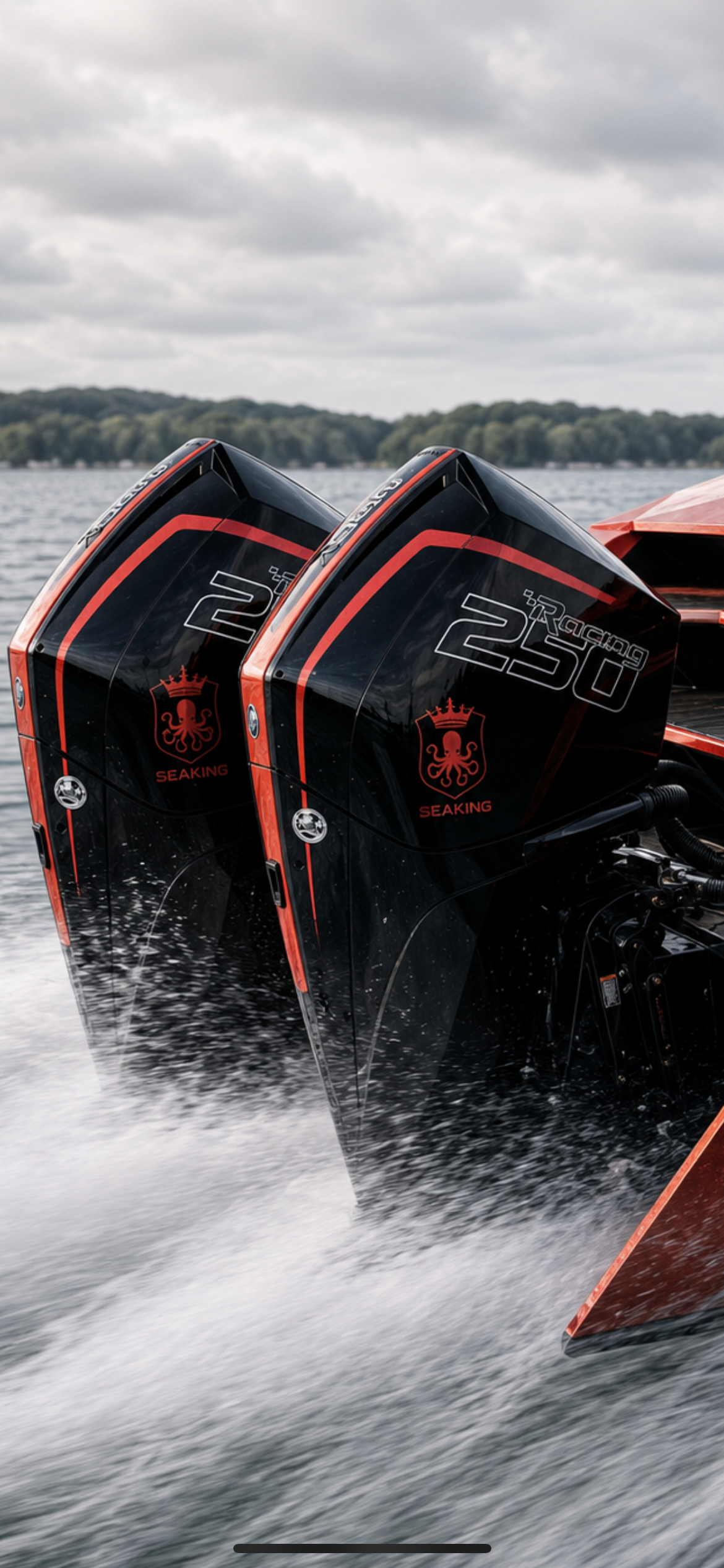 Two black and red outboard engines racing on a body of water.