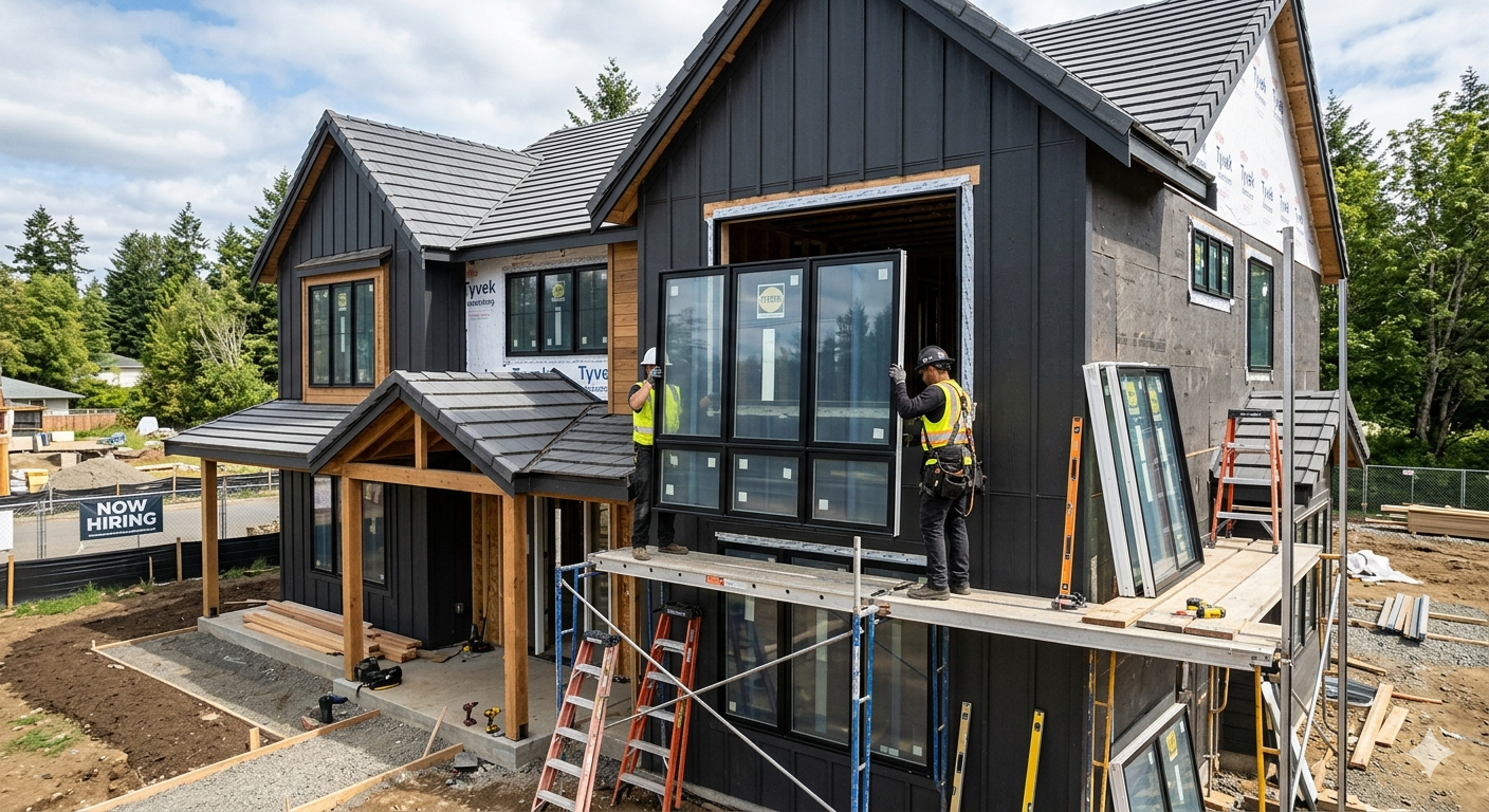 Two men installing a window on a new two story house