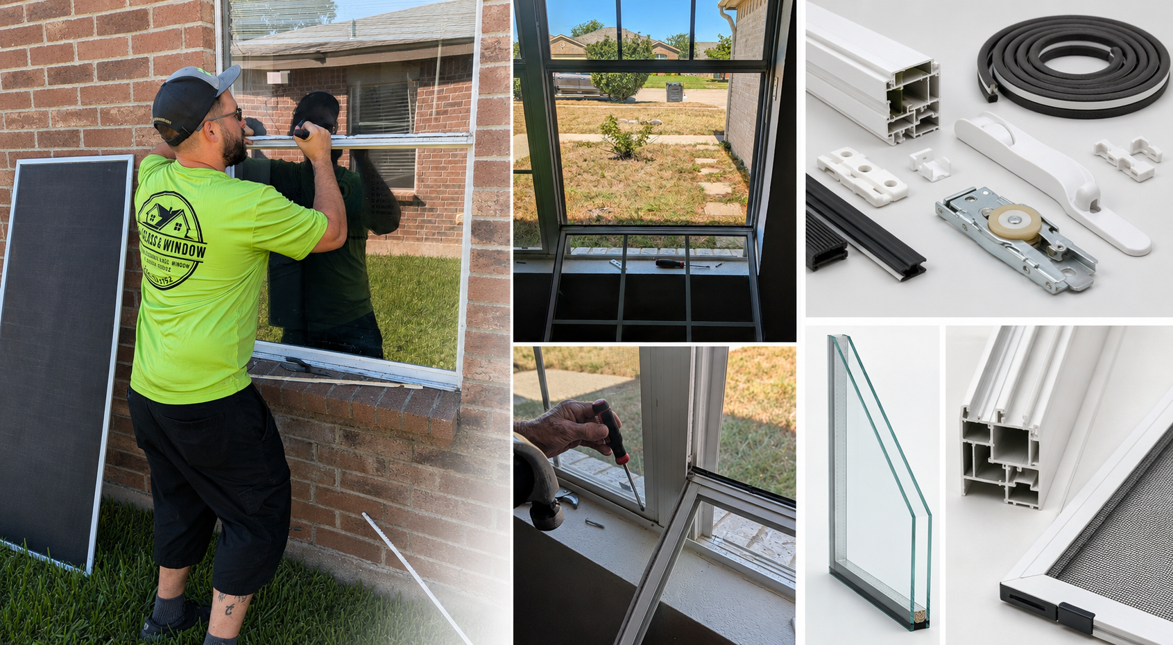 A man installing a window on a brick house wall, with tools and window parts displayed.
