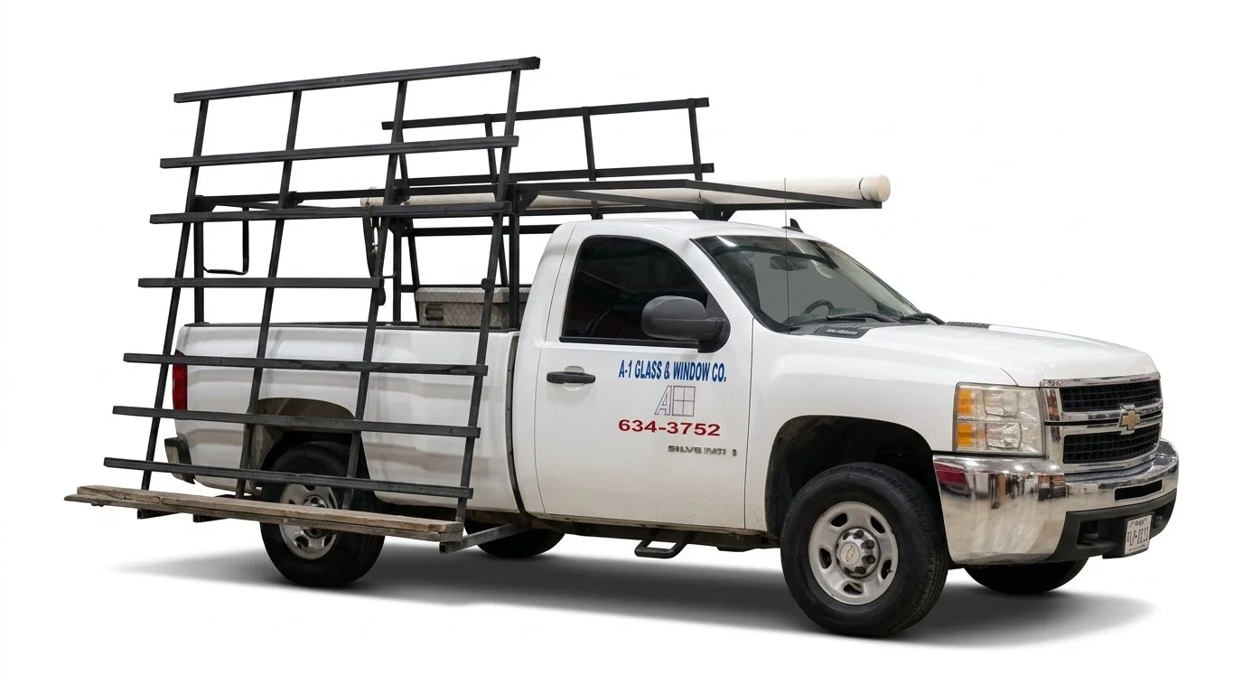 A white Chevrolet pickup truck with a ladder rack and a large storage rack on the back, labeled 'A-1 Glass & Window Co.,' with a phone number on the side, set against a plain white background.