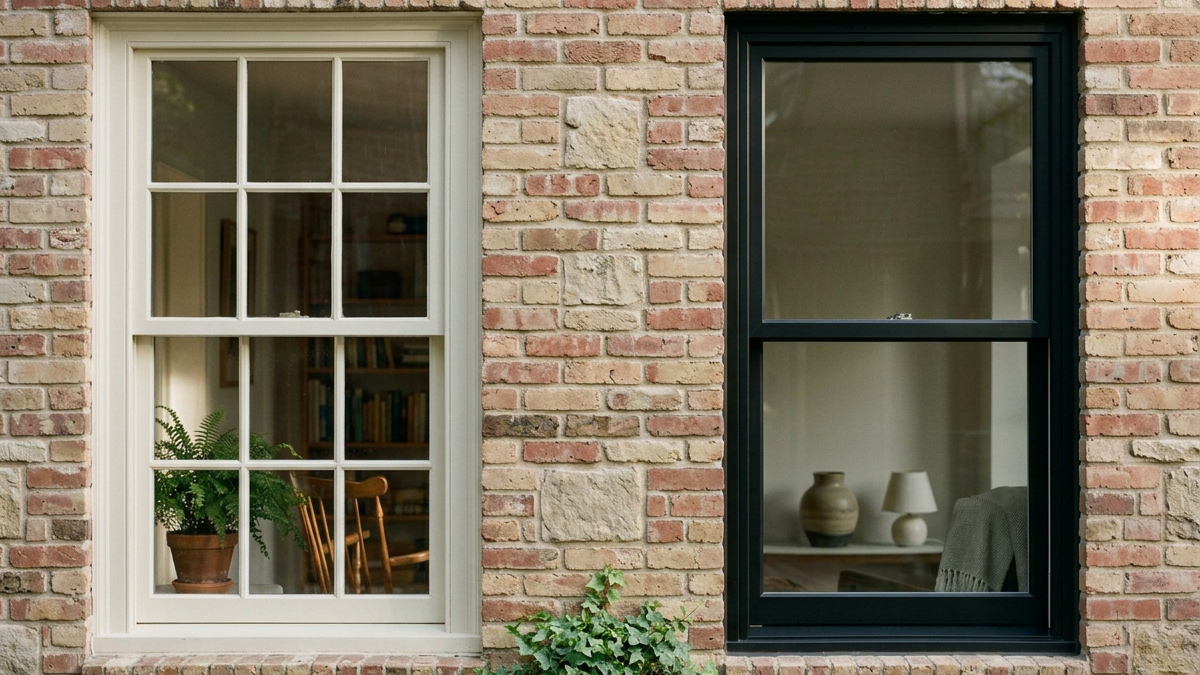 Two windows on a brick wall, one with white framing and the other with black framing. The white-framed window shows a carved wooden chair and a potted fern inside the house. The black-framed window reveals a room with a side table, a vase, a lamp, and a blanket.