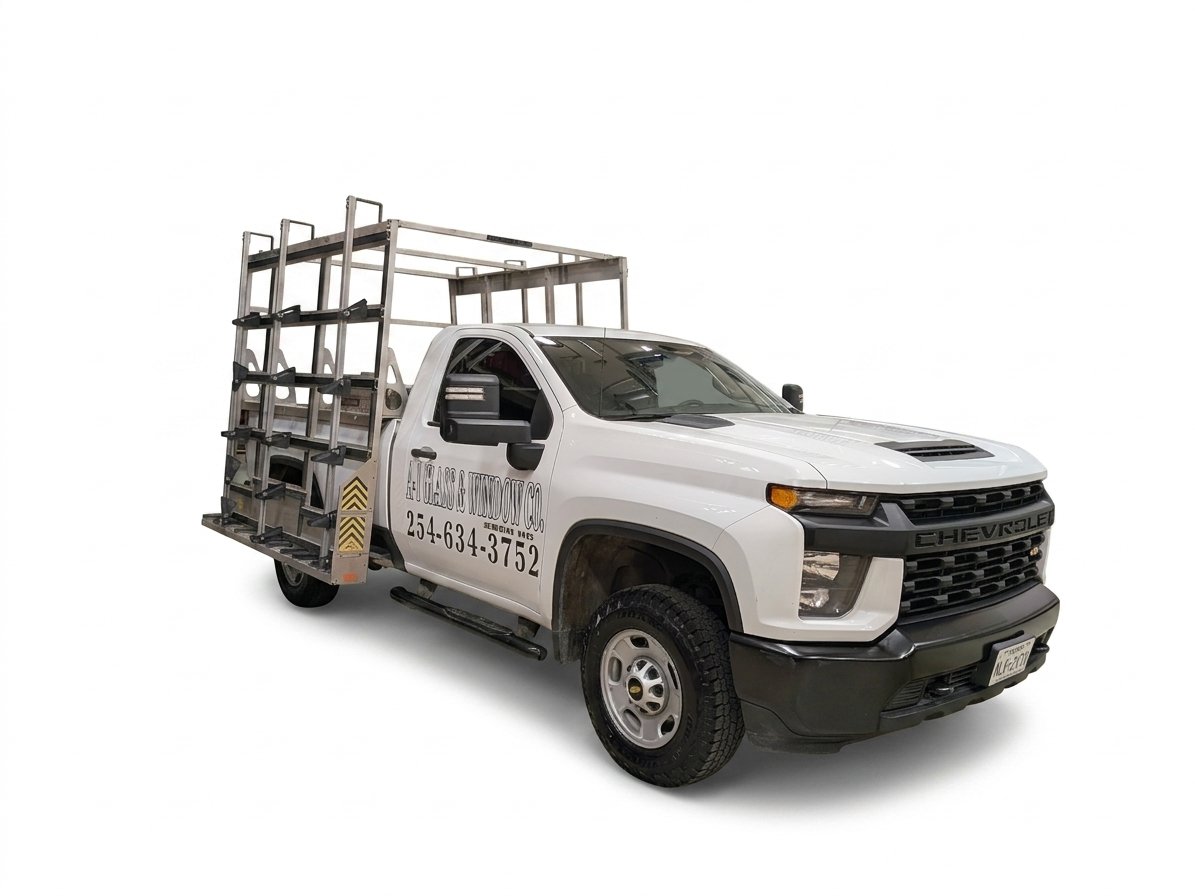 White Chevrolet Utility Work Truck with ladder rack and cage in a studio setting.