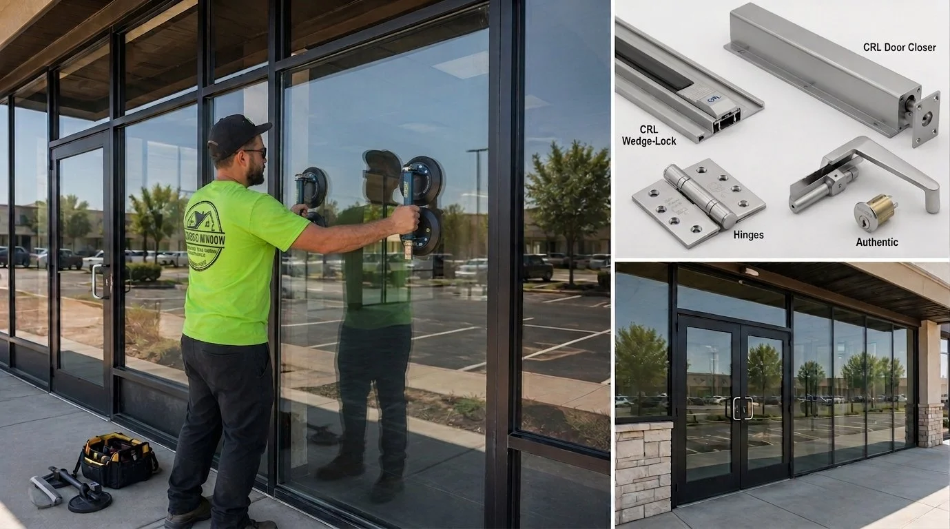 A worker installing or maintaining glass doors on a commercial building. The image shows workers using suction cups on glass panels along with a close-up of various door hardware components including a wedge-lock, hinge, handle, and lock mechanism.