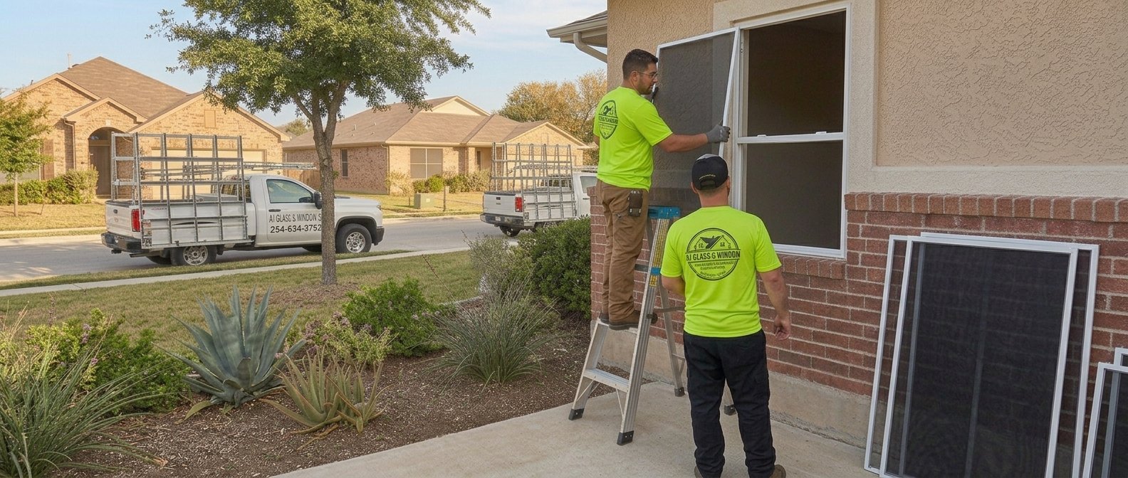 Two workers install a window screen on the exterior of a house. One stands on a ladder, while the other holds the frame in place. The workers wear neon green shirts with a company logo. The house has brick and stucco siding, and there are plants and trees in the front yard. A truck and a van with company branding are parked outside.
