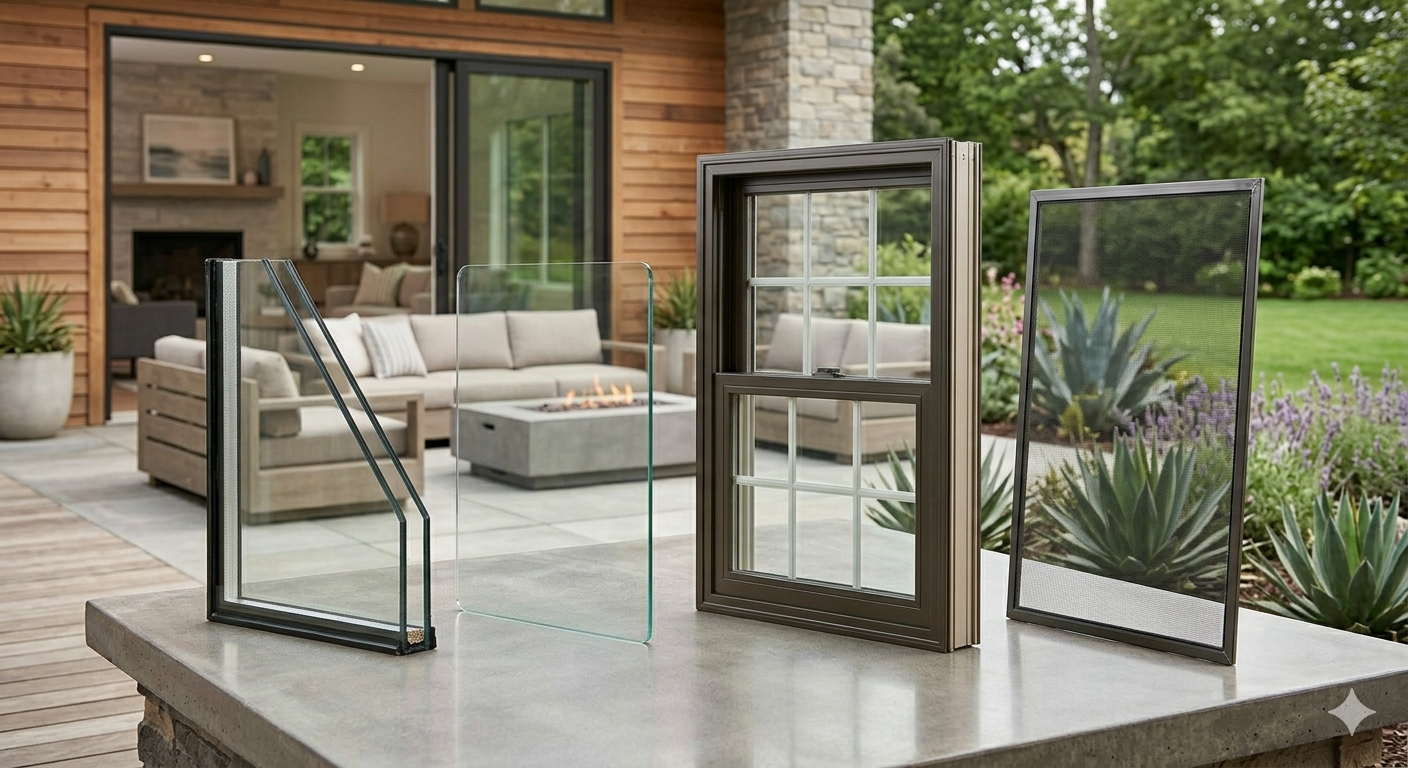 Different types of window screens and glass options displayed on a patio table outside a house.