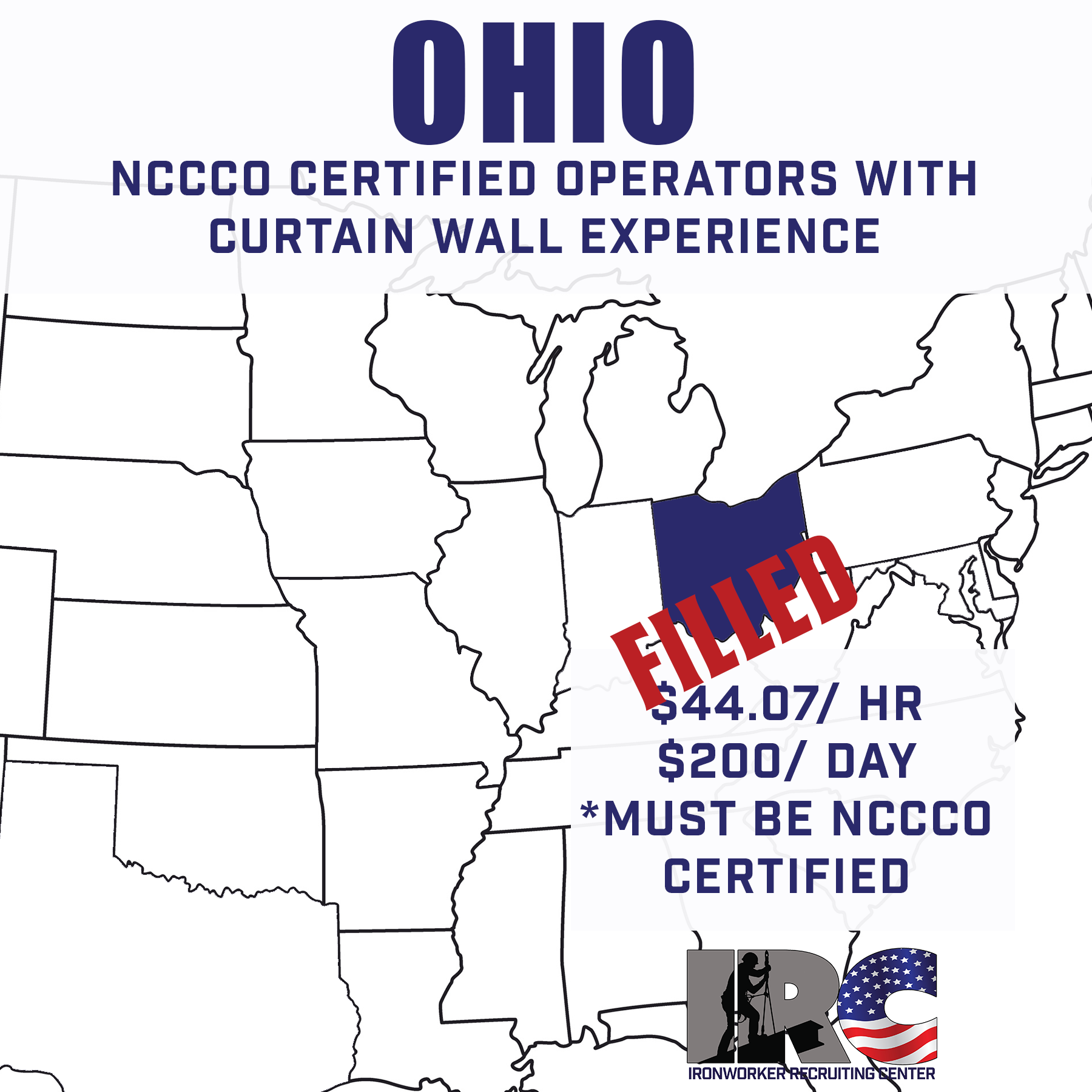Map of the United States highlighting Ohio in dark blue with advertisements for a construction and ironworker recruiting center, including wage and work hour details.