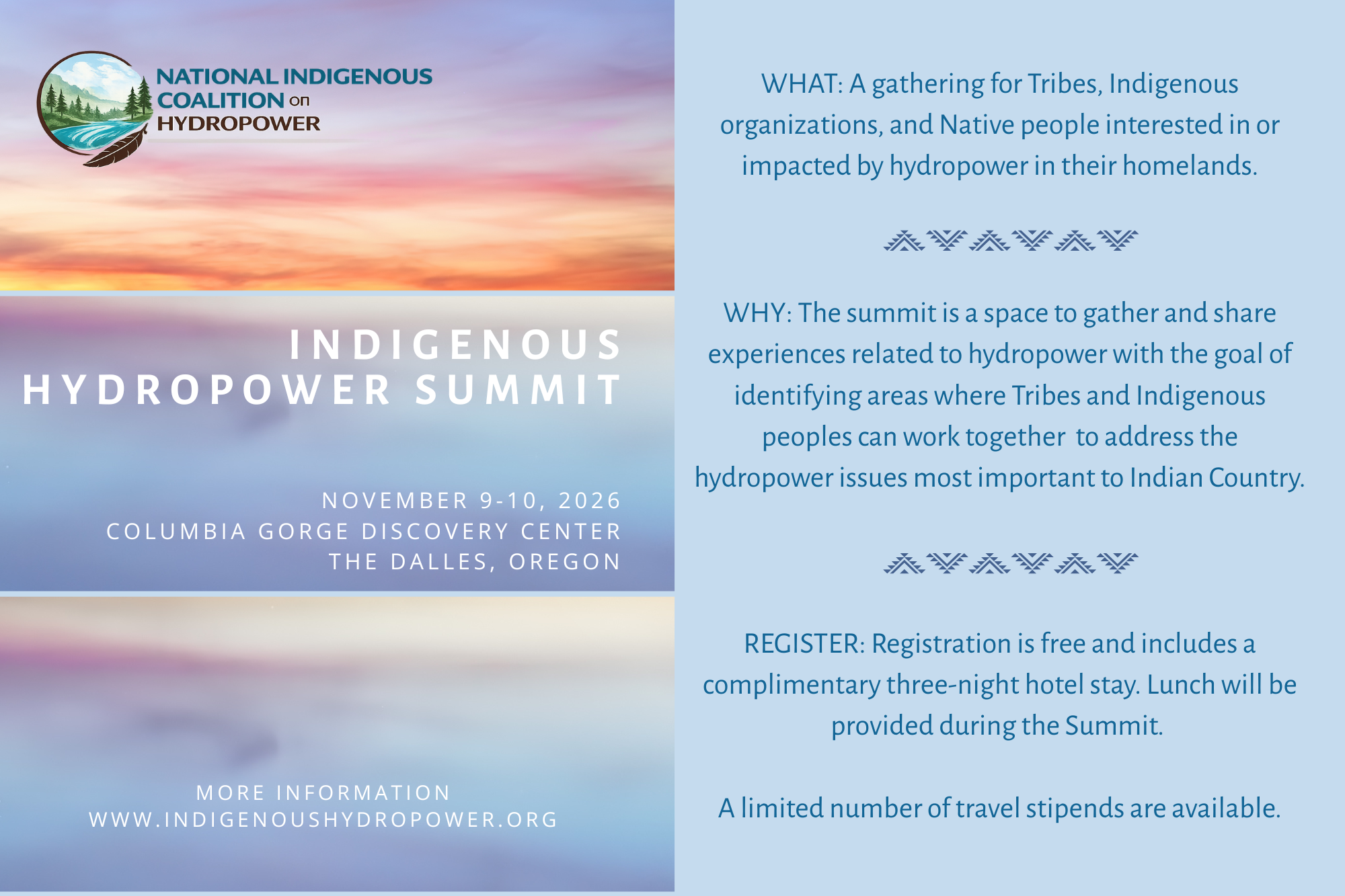 Flyer for the Indigenous Hydropower Summit on November 9-10, 2026 at Columbia Gorge Discovery Center in The Dalles, Oregon. Features a logo with a river, mountains, trees, and a feather, with a sunset background. The flyer provides details about the event's purpose, registration, and additional information.