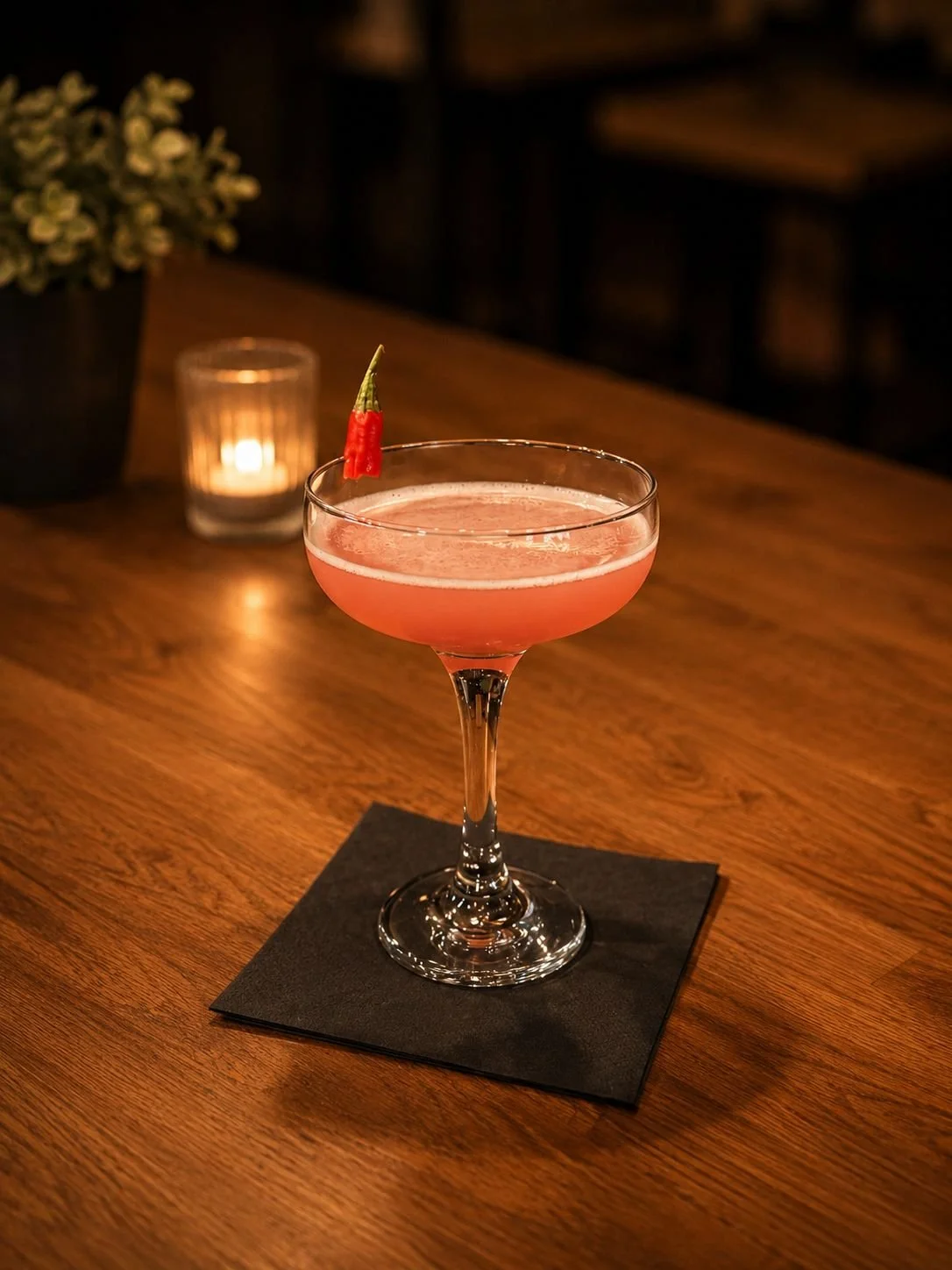 A pink cocktail in a coupe glass garnished with a small red chili pepper on the rim, placed on a black napkin on a wooden table in a dimly lit setting.