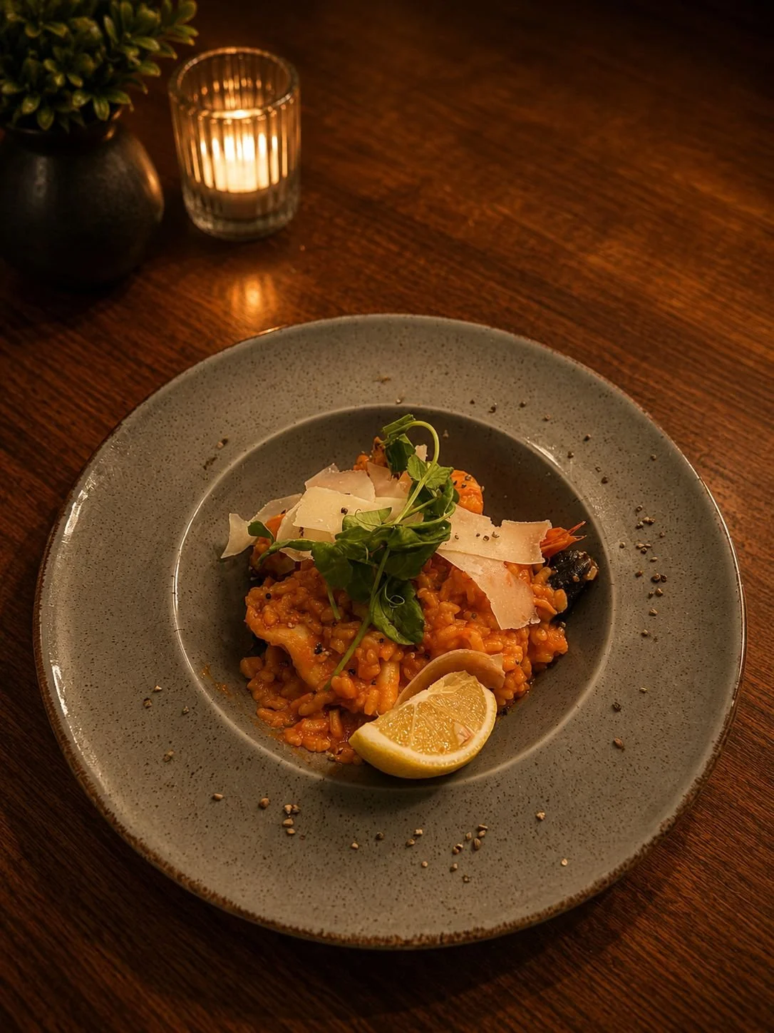 Plate of seafood risotto garnished with lemon wedge, shaved cheese, and microgreens, served on a gray plate on a wooden table with a lit candle and potted plant in the background.