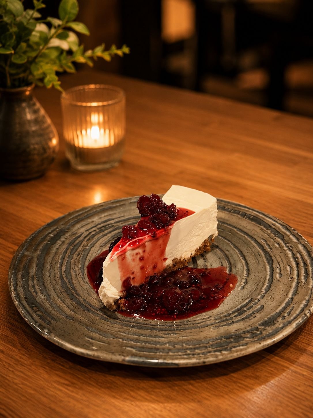 A slice of cheesecake topped with mixed berries and berry sauce on a decorative ceramic plate, with a lit candle and a potted plant on a wooden table in the background.