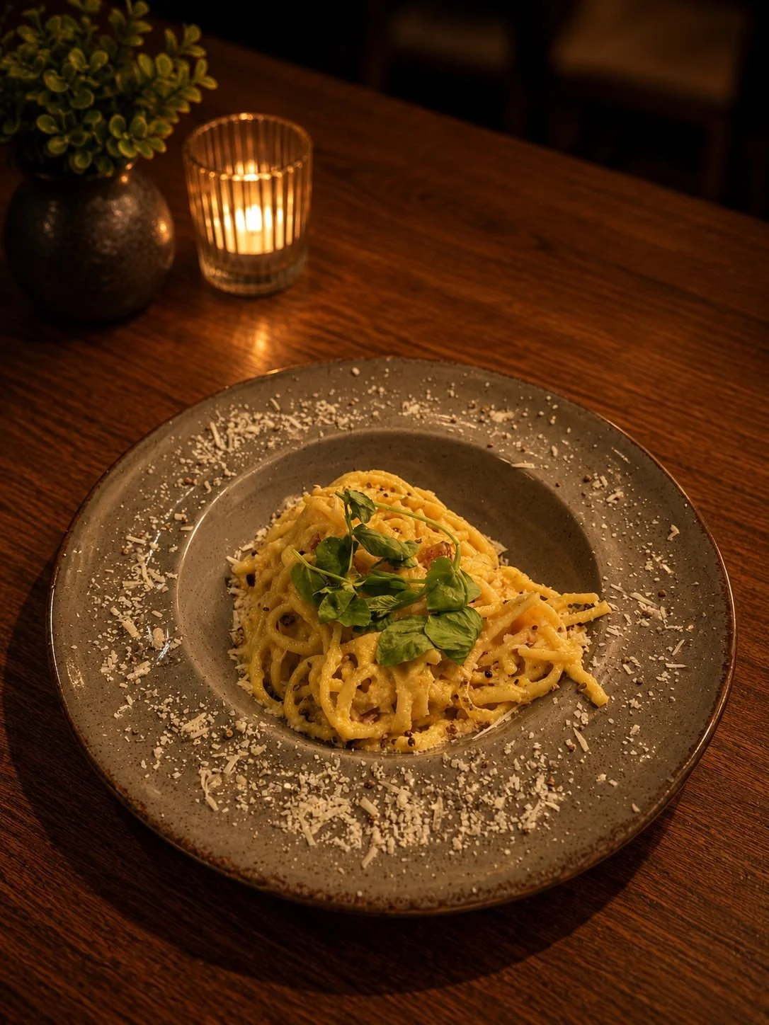 Plate of creamy pasta garnished with fresh herbs, on a rustic wooden table with a lit candle and plant in the background.