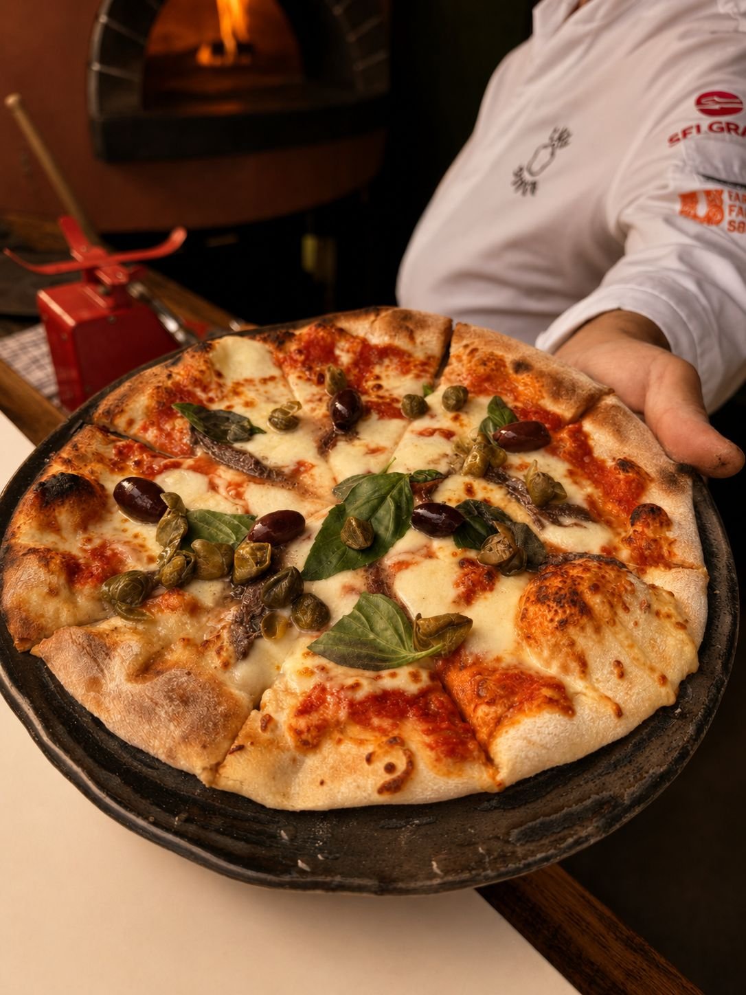 A person holding a freshly baked pizza topped with cheese, olives, basil leaves, and anchovies.
