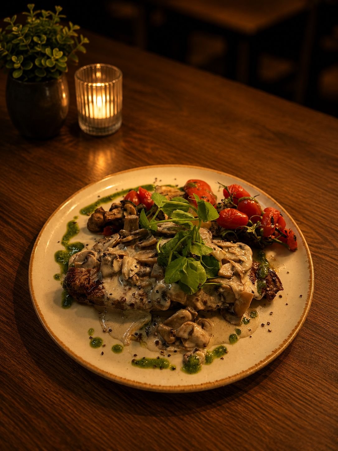 A plate of cooked meat topped with sautéed mushrooms, garnished with fresh greens, and accompanied by roasted cherry tomatoes, with a small potted plant and a lit candle on a wooden table in a dimly lit setting.