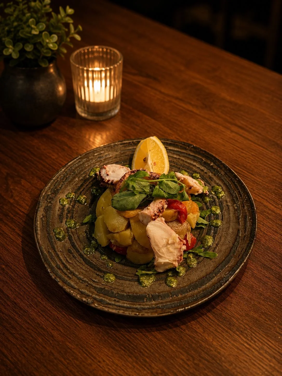 A plated seafood dish with octopus, potatoes, cherry tomatoes, and greens, garnished with lemon wedges on a dark ceramic plate, set on a wooden table with a candle and plant in a small metallic pot nearby.