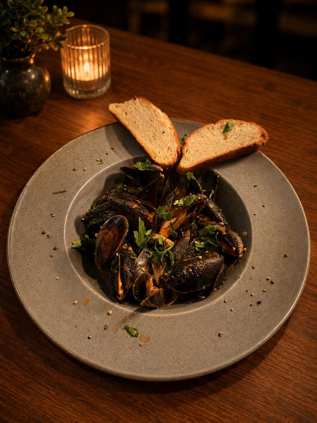 A plate of cooked mussels garnished with herbs, with two slices of toasted bread on the side, served on a gray plate on a wooden table, illuminated by candlelight.