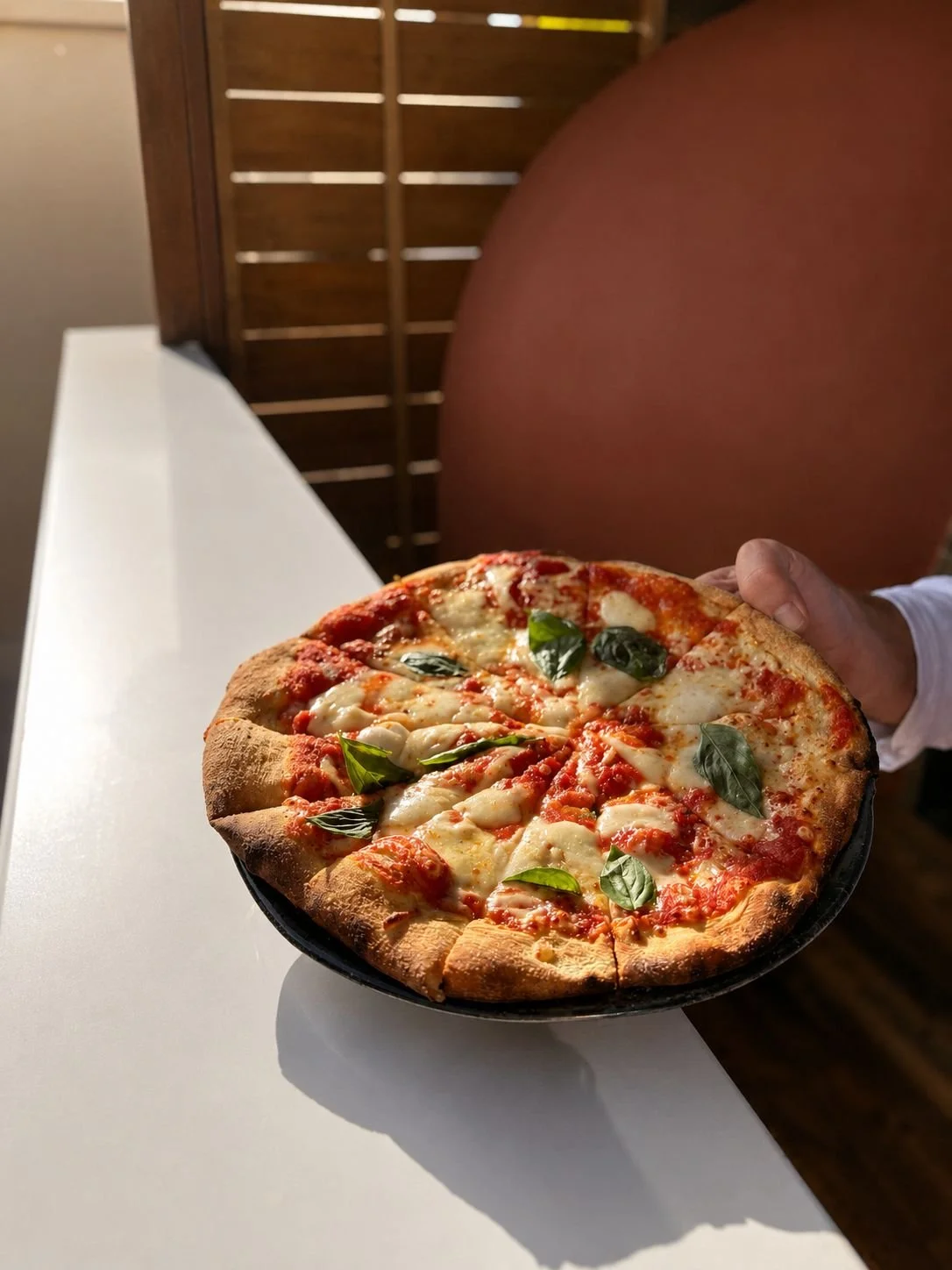 A hand holding a plate of pizza with cheese, tomato sauce, and basil leaves.