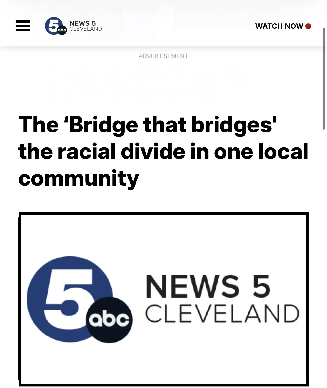 Screenshot of a News 5 Cleveland article titled "The 'Bridge that bridges' the racial divide in one local community" with the News 5 and ABC logos.