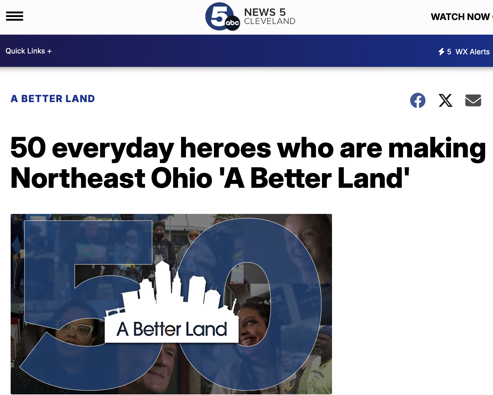Screenshot of a news article from News 5 Cleveland titled '50 everyday heroes who are making Northeast Ohio A Better Land.' The image features a collage of people with a prominent graphic of the city skyline and the text 'A Better Land' in the center.
