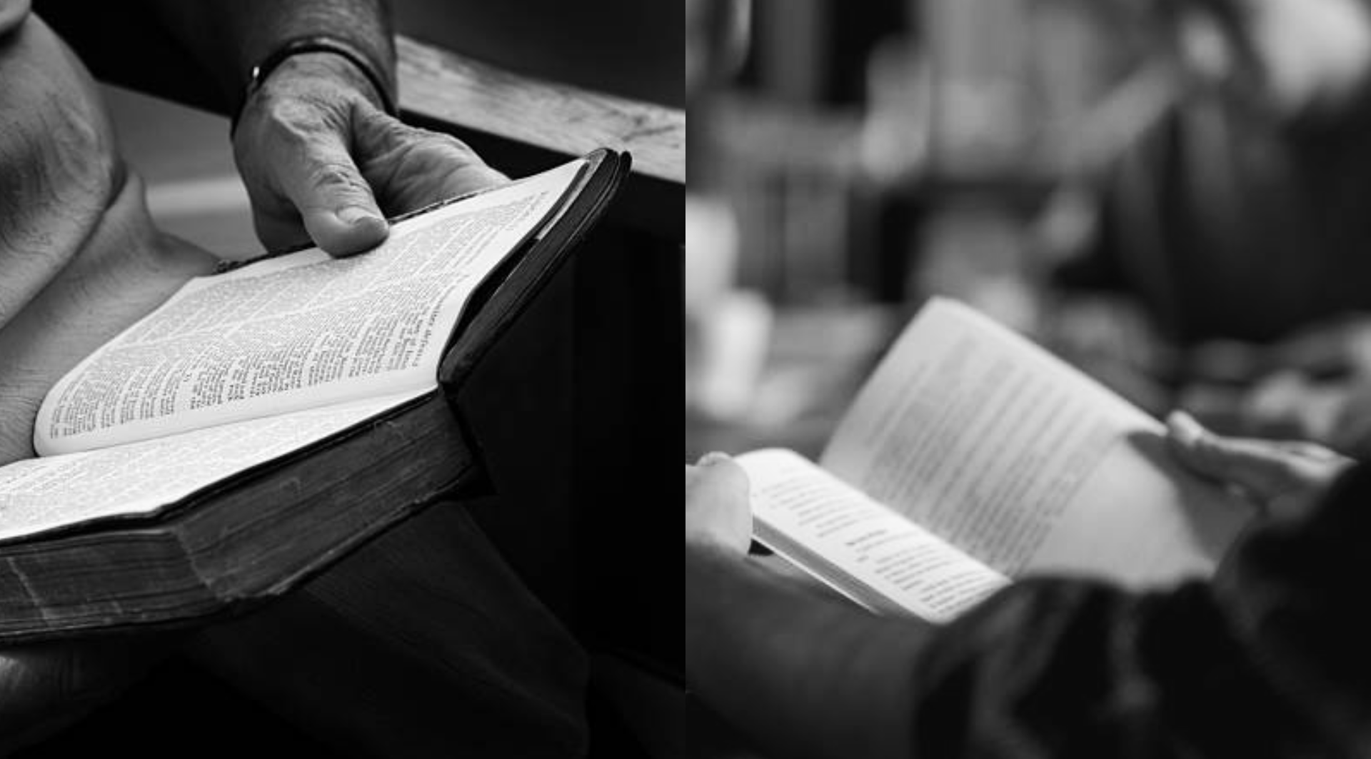 Side-by-side images of people holding and reading open books, in black and white.