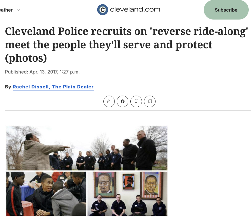Cleveland police officers in blue uniforms attend a community meeting outdoors, while young people engage with them inside a room decorated with portraits of Martin Luther King Jr. and other influential figures.