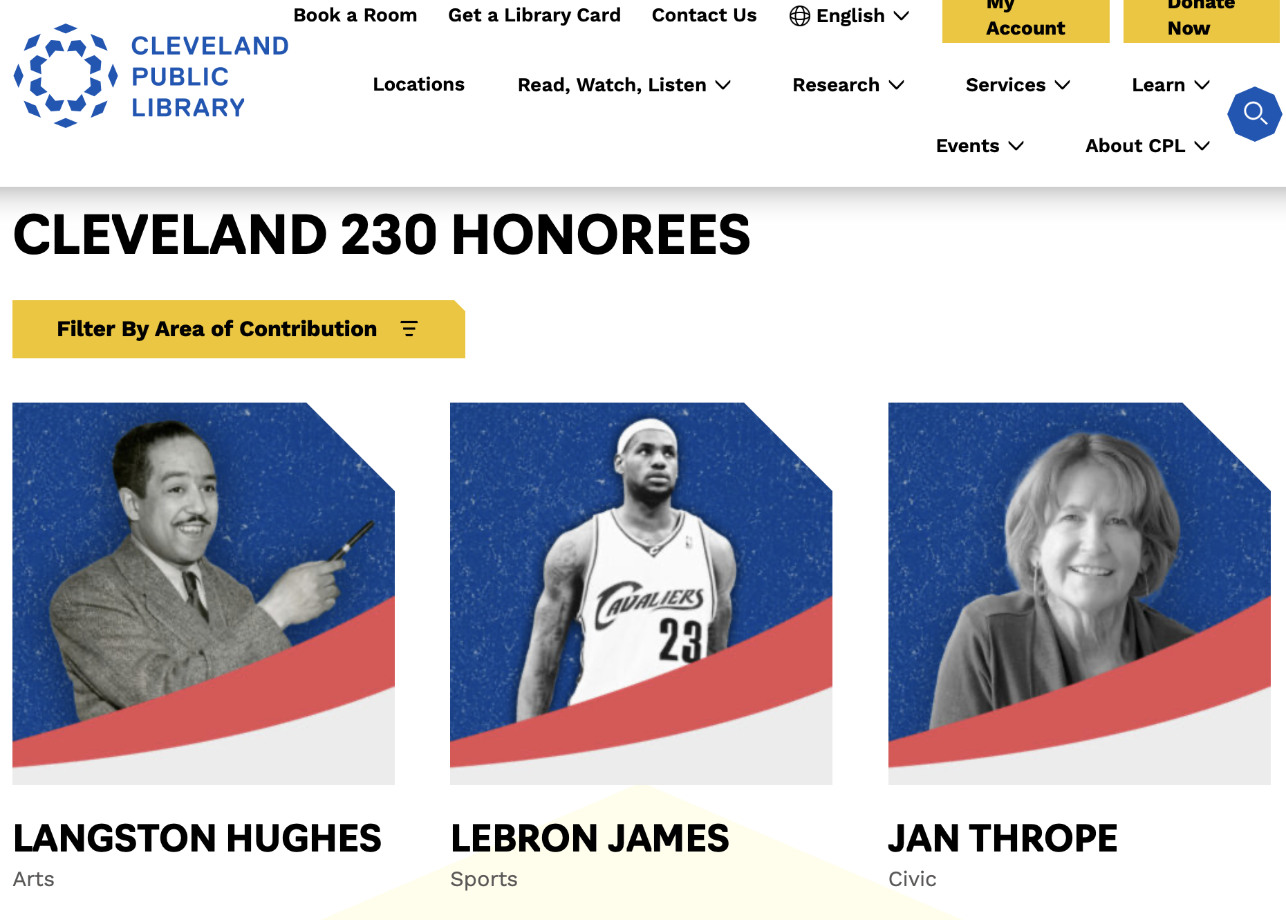 Website homepage of Cleveland Public Library featuring a banner for the 230 honorees with photos of notable figures including Langston Hughes, LeBron James, and Jan Thorpe.