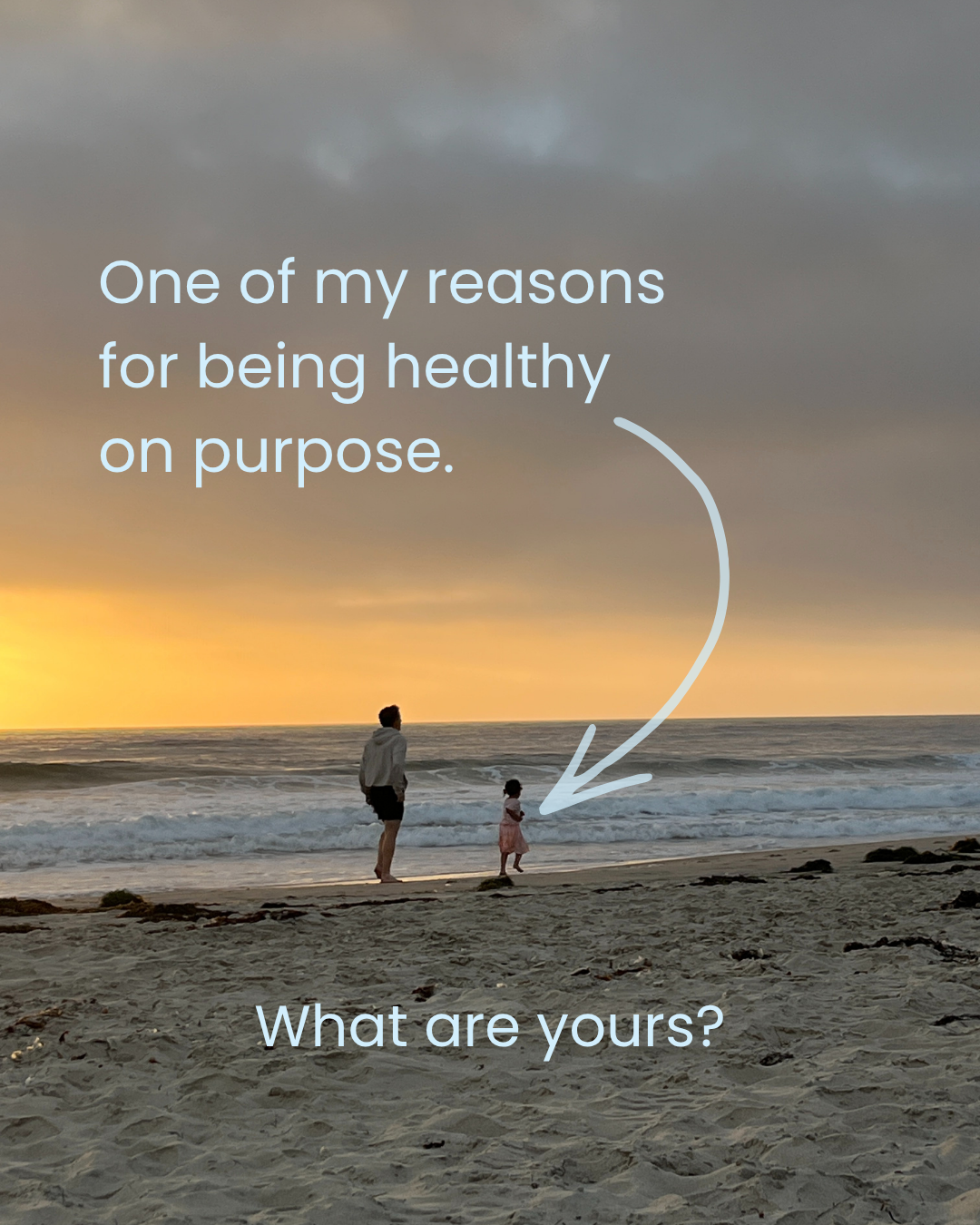 A man and his daughter walking on the beach at sunset with a quote overlay: 'One of my reasons for being healthy on purpose. What are yours?'