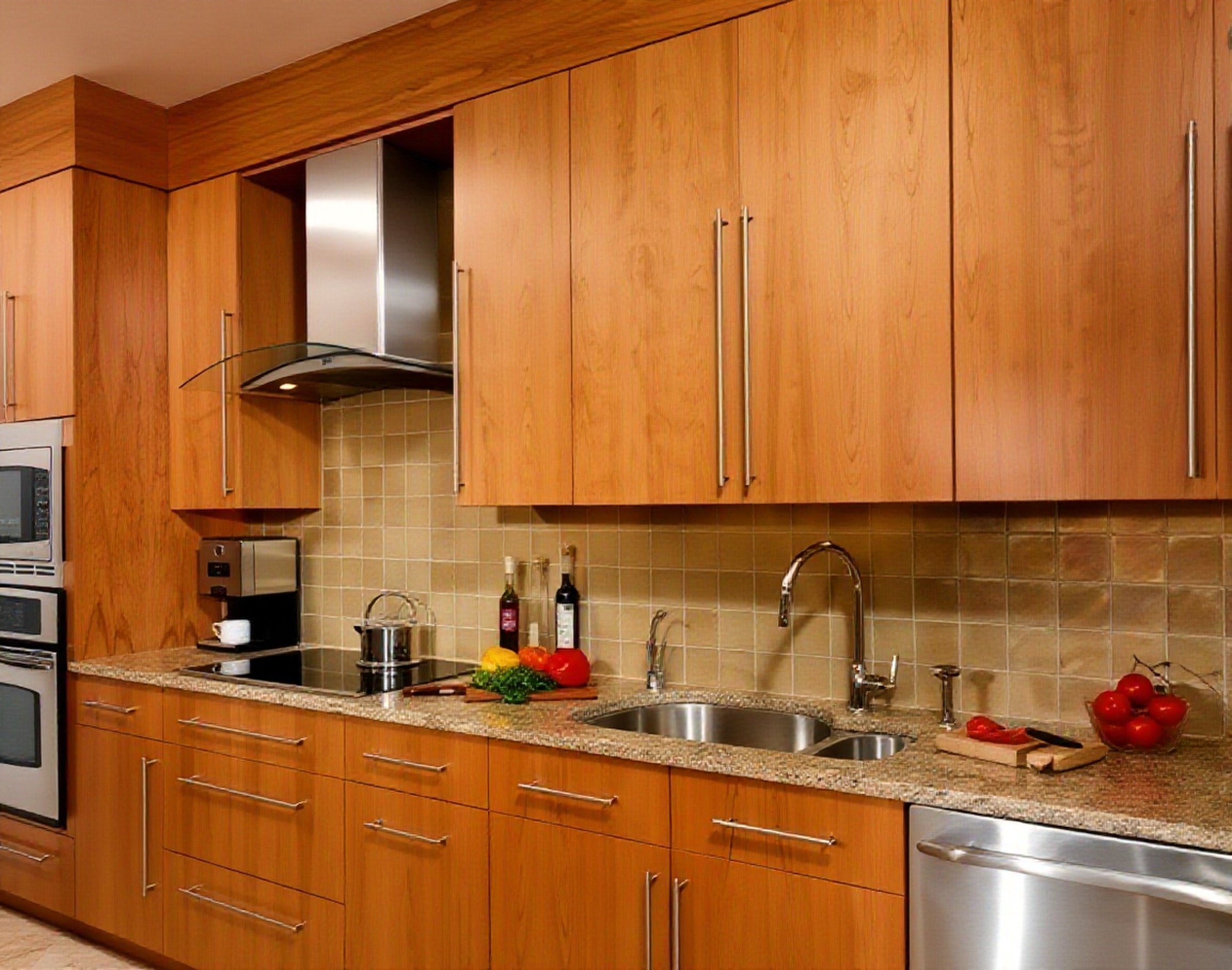 Kitchen with wooden cabinets, beige granite countertop, stainless steel appliances, and a beige tiled backsplash.