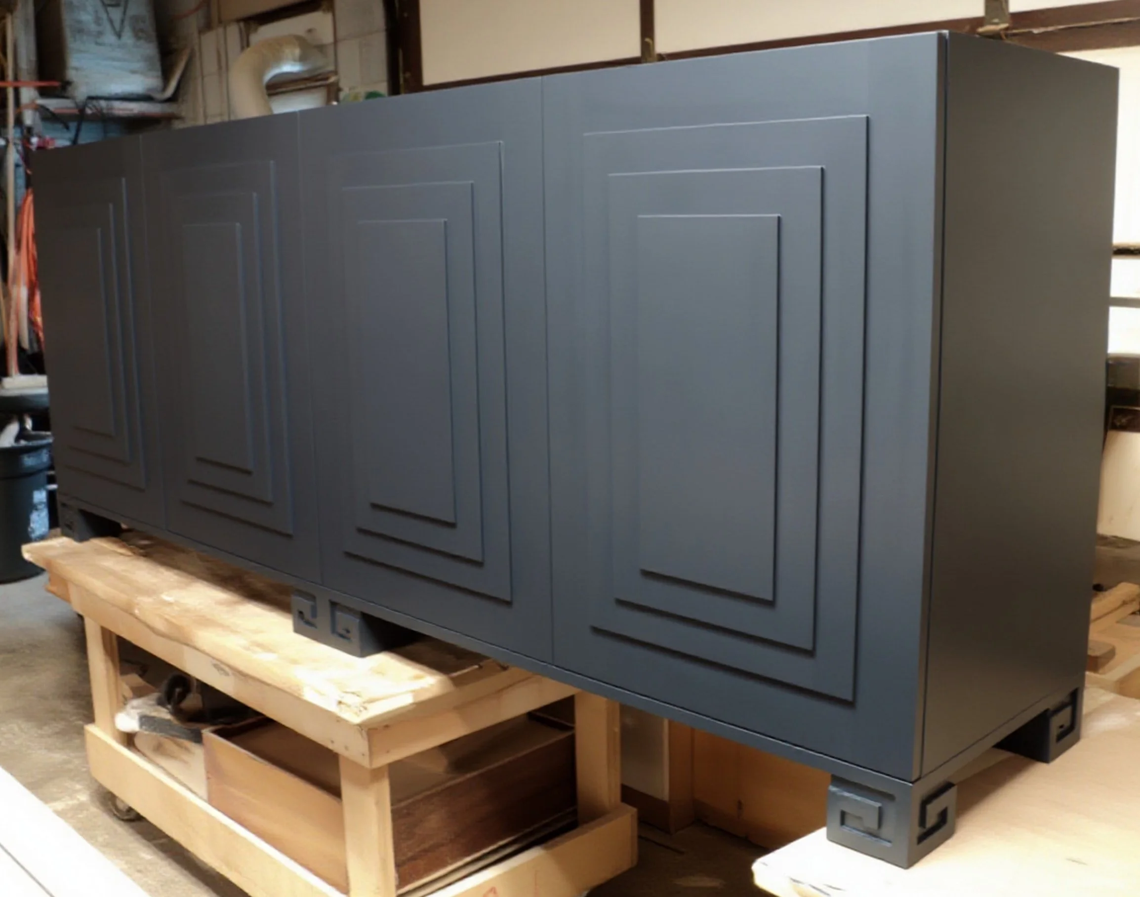 A large, matte black cabinet with decorative handcarved molding on the doors, sitting on a wooden bench in a woodworking workshop. 