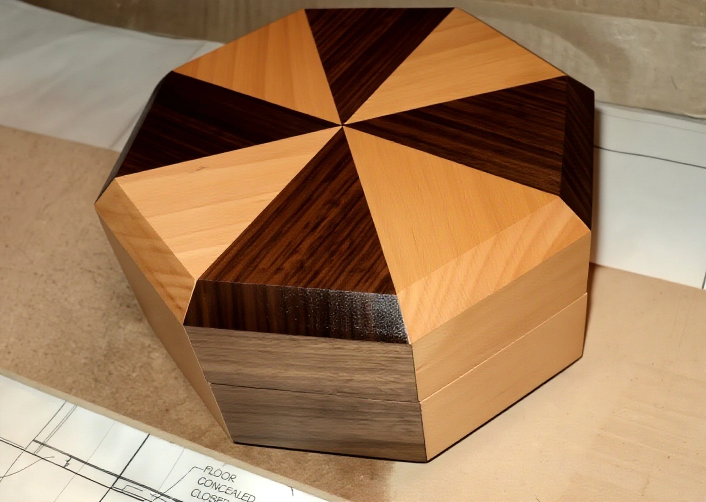 A handmade wooden box with a geometric pattern made from light and dark wood, placed on a surface with a schematic drawing and notes nearby.