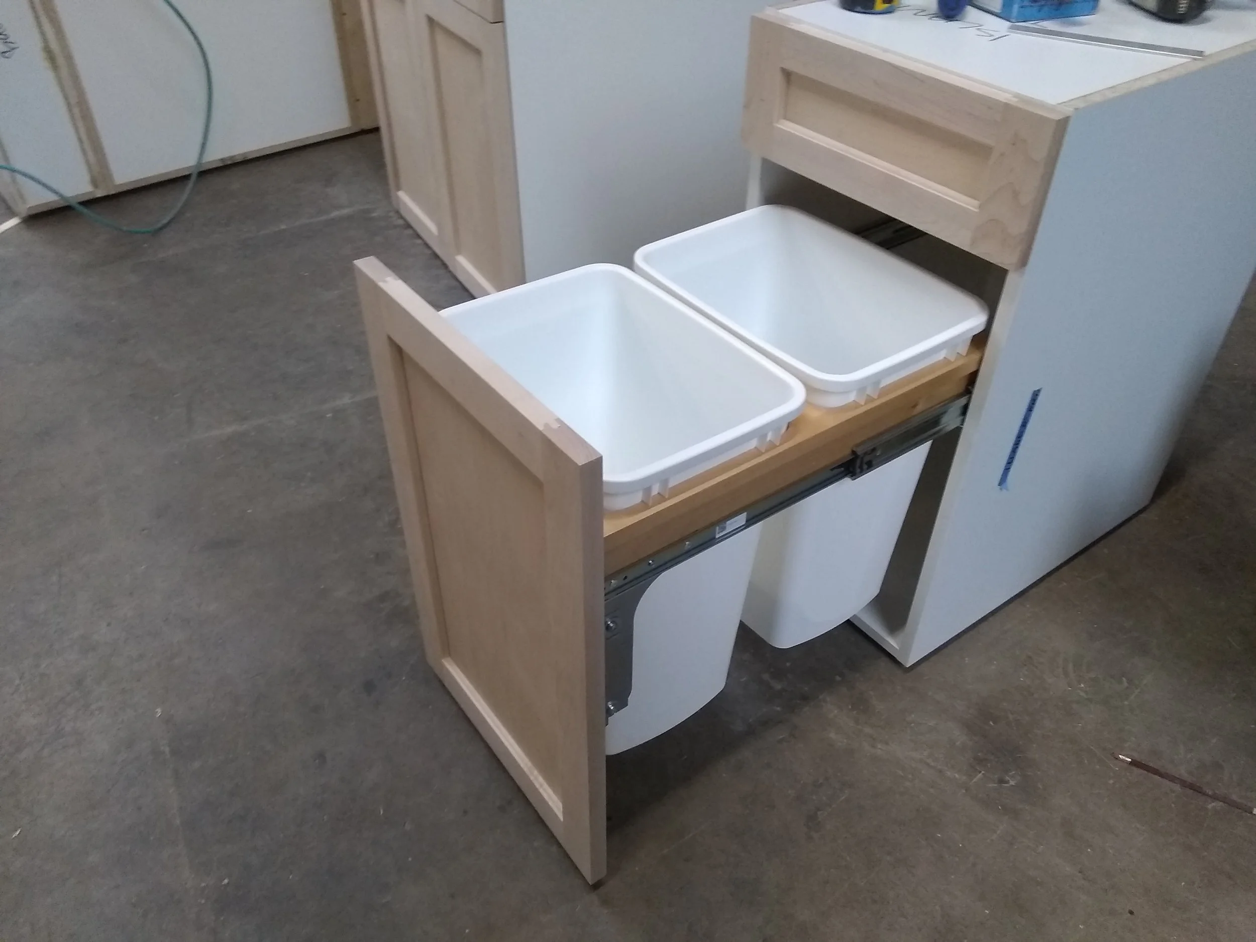 Custom-made solid maple cabinetry.
The 55 Gallons trash bins.
Custom cabinetry. Kitchen cabinets made of solid  wood and satin , water base finish.
#bigjohnsco #CustomFurniture #MadeFromScratch #HomeRemodeling #KitchenRemodel #MadeFromScratch 