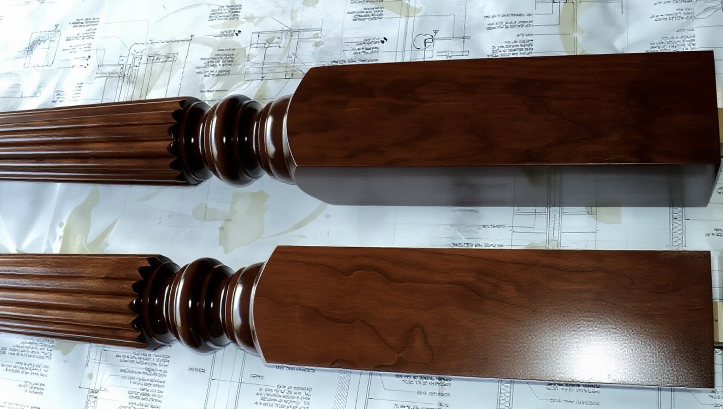 Close-up view of two ornately carved and detailed wooden posts placed on top of architectural blueprints.