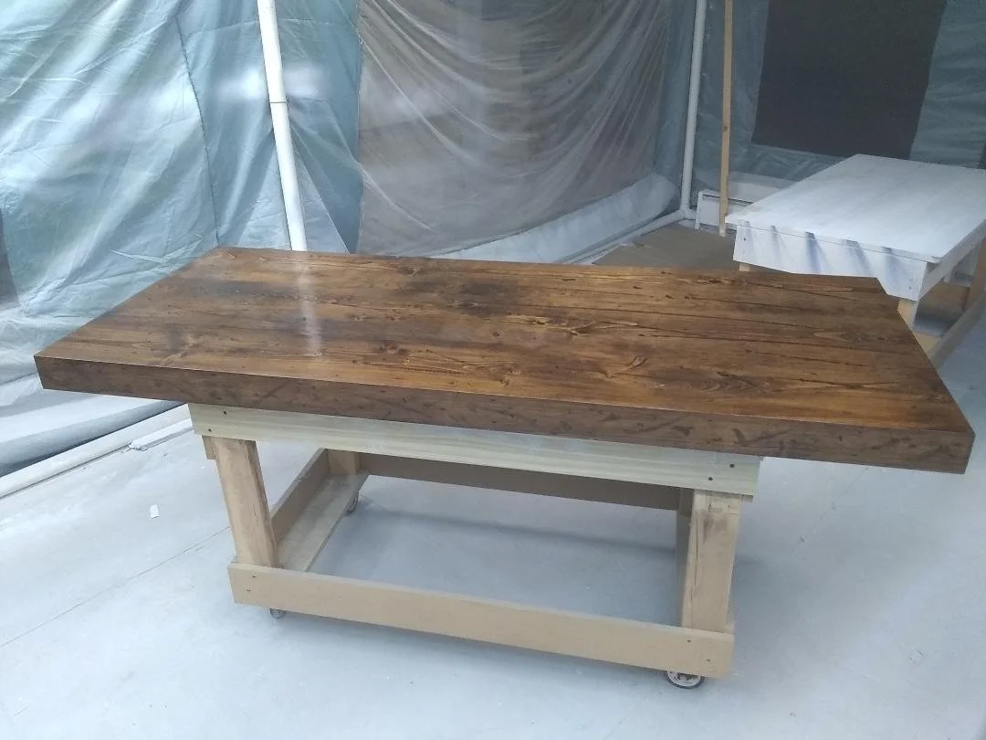  Custom made, brand new but distressed ,stained and finished the solid wood tabletop, 3 1/2" thick, measuring 3' x 6'
Custom cabinetry.Custom made countertop, made of solid  wood and satin , water base finish.
#bigjohnsco #CustomFurniture #MadeFromSc