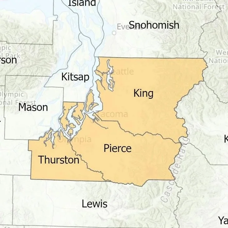 Map displaying counties in western Washington, including King, Pierce, Snohomish, Thurston, Kitsap, Mason, and Lewis.