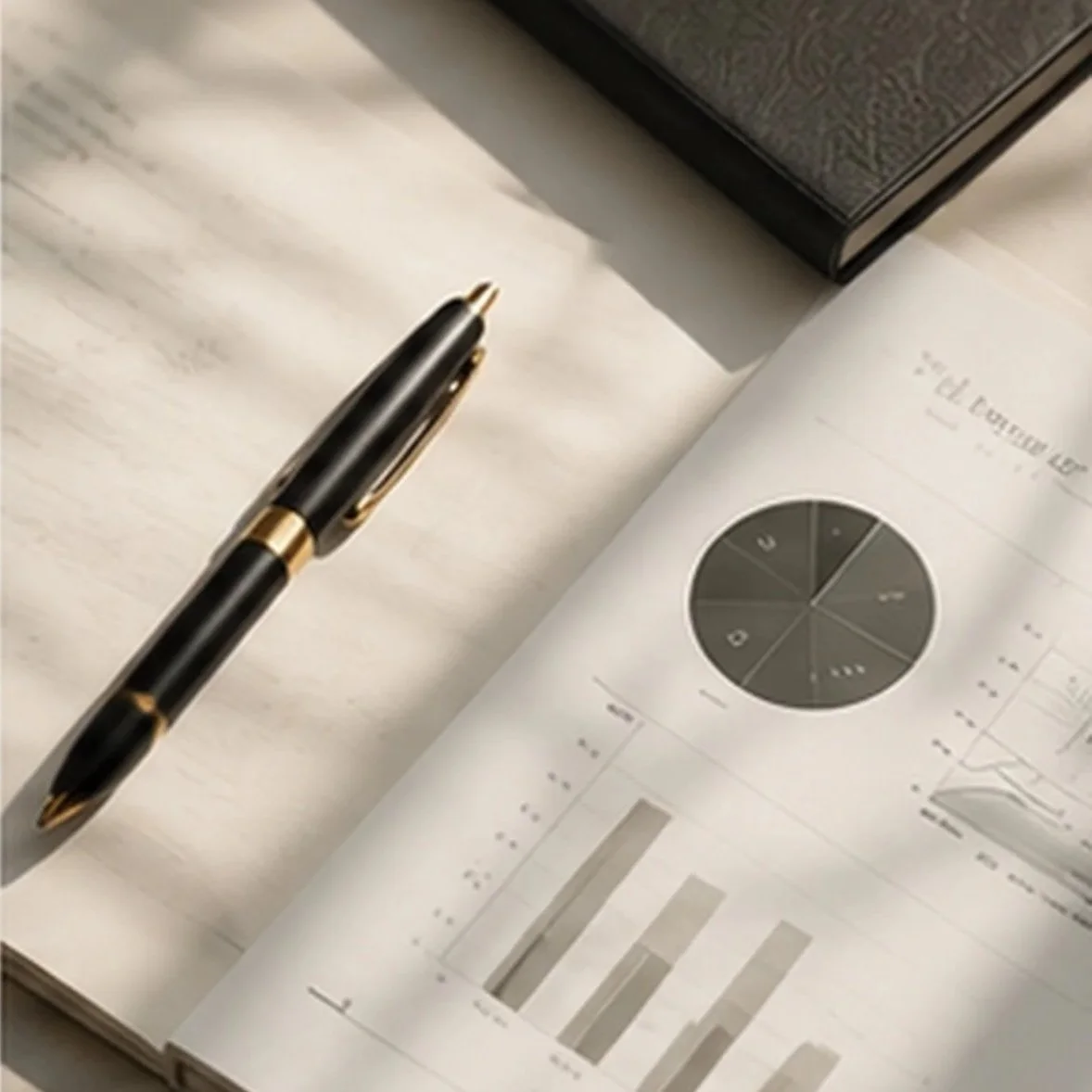 Open notebook with printed charts and graphs, a black and gold pen placed on the notebook, and a closed black book on a white surface.