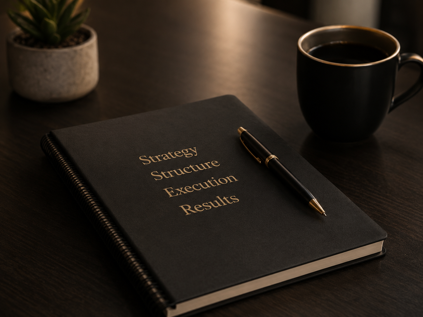 A black notebook with gold lettering titled 'Strategy, Structure, Execution, Results' on a dark wooden desk. A black pen with gold accents rests on the notebook. To the left, a potted succulent in a gray pot, and to the right, a black coffee mug filled with coffee.