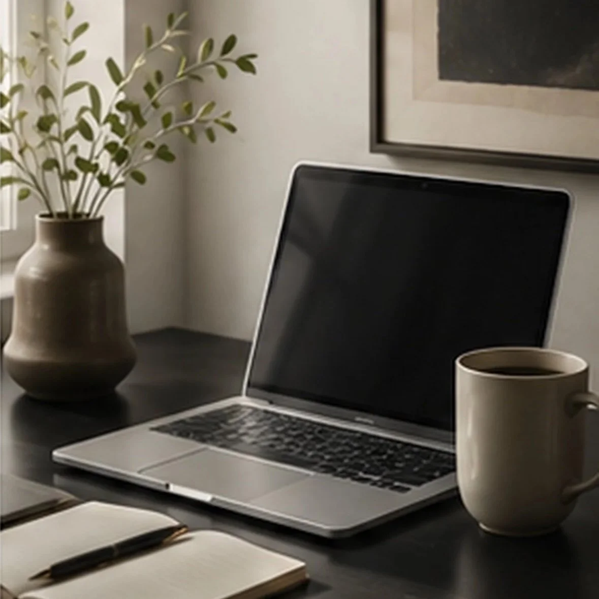 A workspace with a laptop, a notebook with a pen, a white mug, a beige vase with green leafy plant, and framed artwork on the wall.