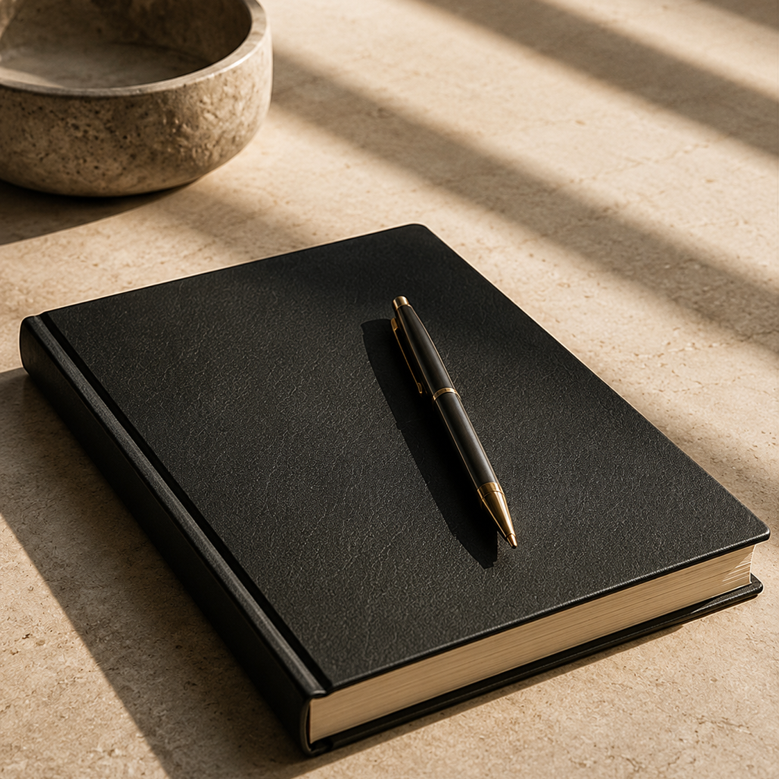 Black hardcover notebook with a black and gold pen on top, placed on a light-colored surface with shadows and a stone bowl in the background.