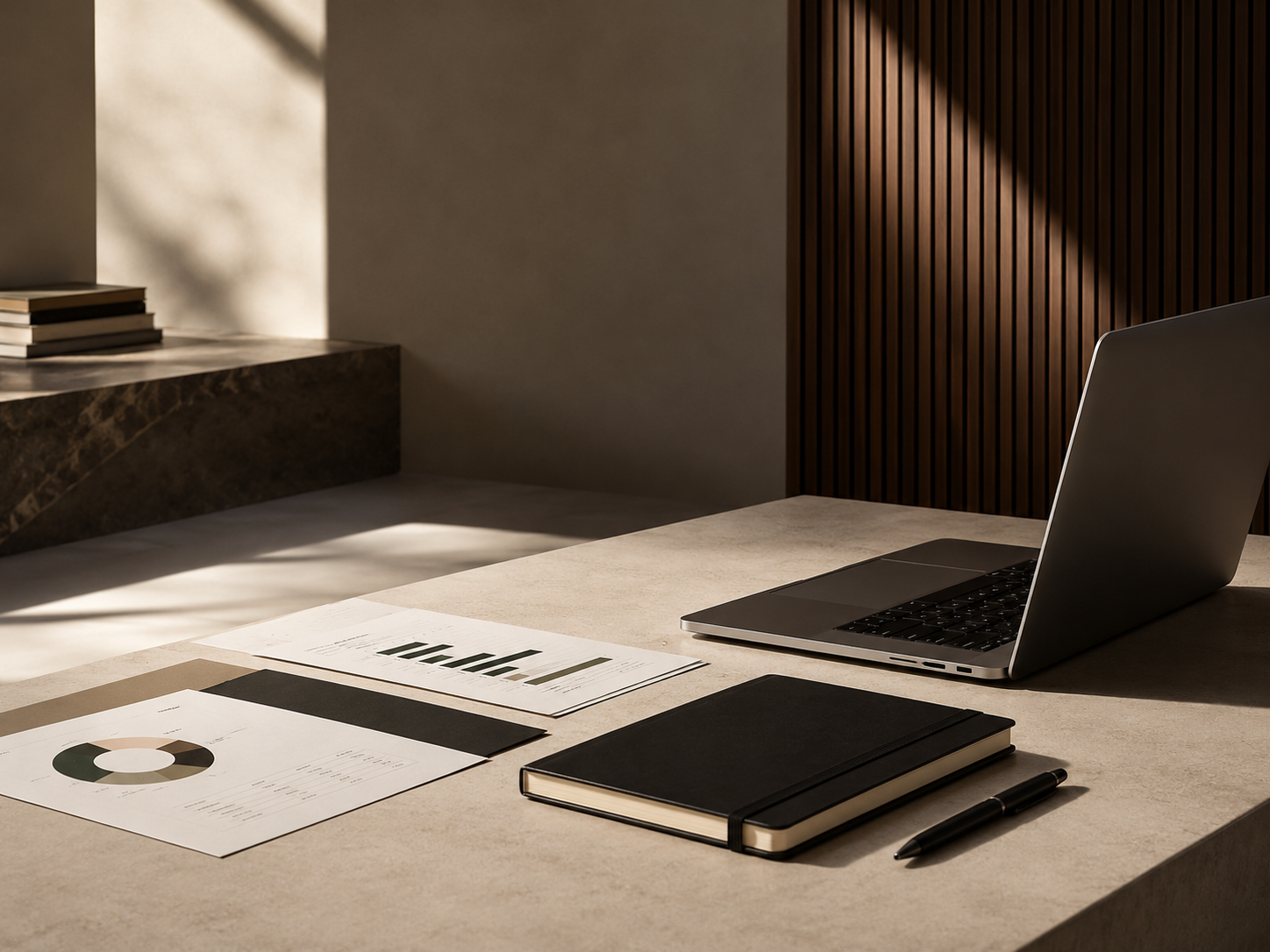 Modern workspace with a closed laptop, a black notebook with an elastic band, a black pen, and financial charts on white paper on a beige desk, with sunlight creating shadows.