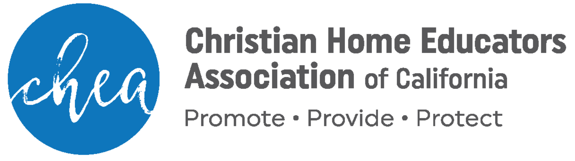 Logo of the Christian Home Educators Association of California, featuring a blue circle with white cursive text 'cha' and the organization's name and slogan in gray text.