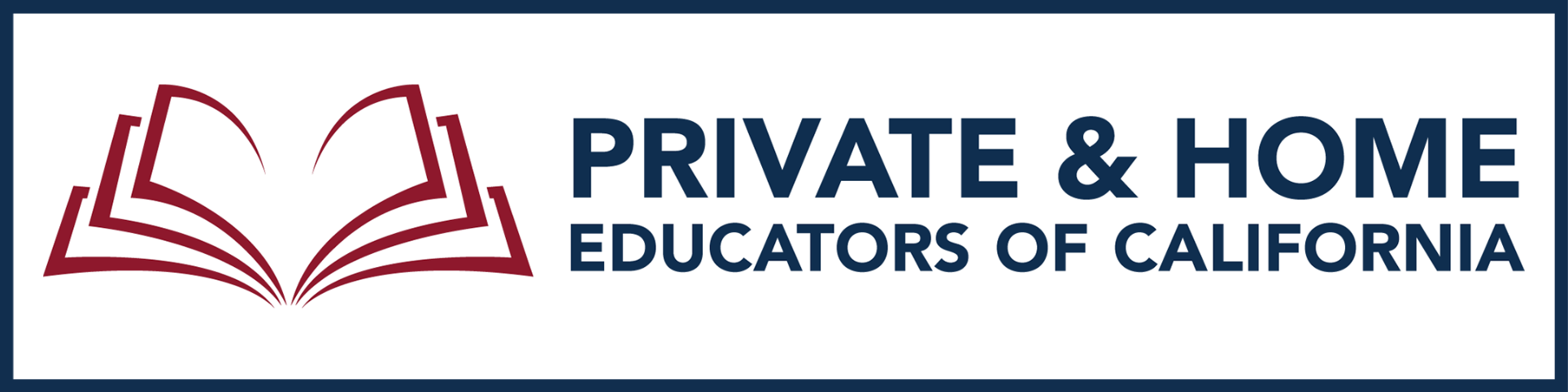 Logo of Private & Home Educators of California featuring an open book graphic and text in navy and maroon colors.